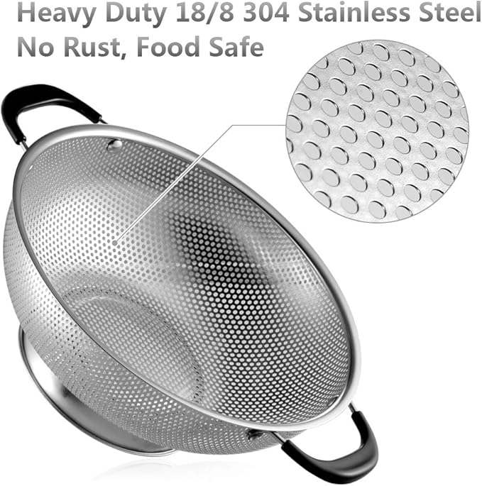 Tiawudi 18/8 Stainless Steel Colander, Easy Grip Micro-Perforated 5-Quart Colander, Strainer with Riveted and Heat Resistant Handles, BPA Free. Great for Pasta, Noodles, Vegetables and Fruits