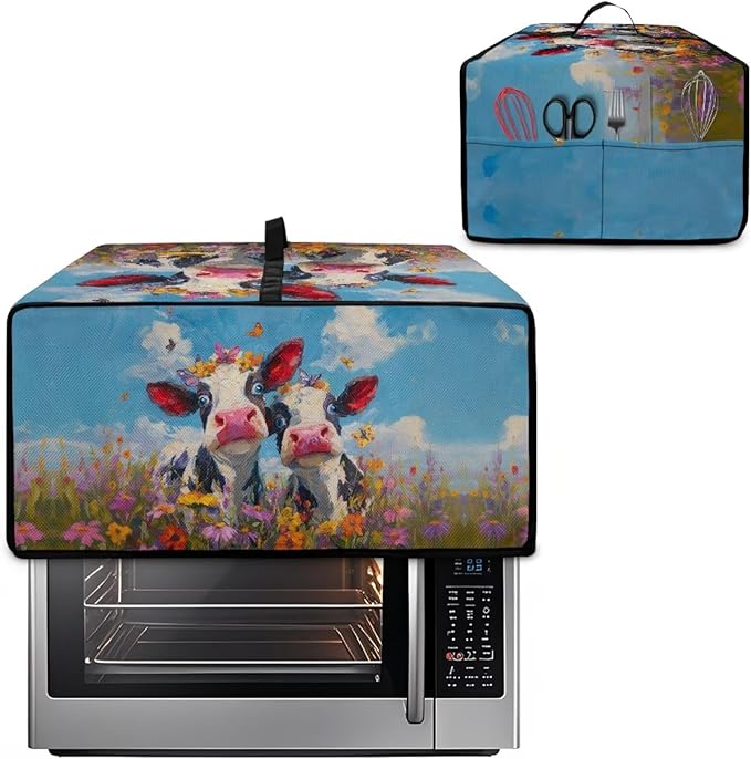 Cow Butterfly Flower Print Toaster Oven Cover, Dust-proof Heat-resistant Air Fryer Cover with Accessory Pockets, Kitchen Small Appliance Protector, (Medium-16.1*19.71*10 inches)