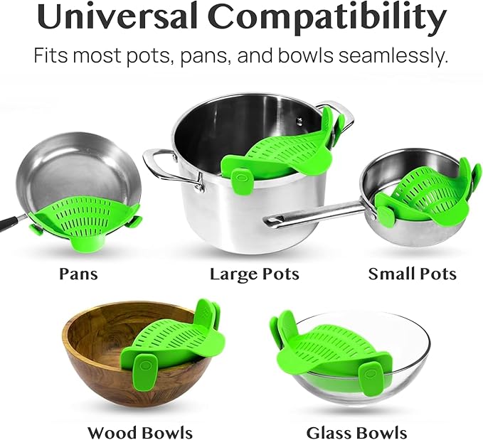 Kitchen Gizmo Snap N' Strain Clip On Strainer for Pots and Pans - Collapsible Silicone Pasta Strainer and Kitchen Gadget for Cooking - Easy to Use, Heat Resistant and Space Saving Colander - Green