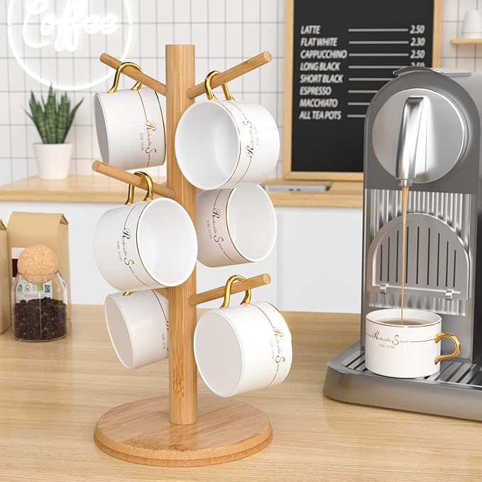 Wisuce Bamboo Mug Tree with Thicker Base - Countertop Coffee Cup Stand with 6 Hooks