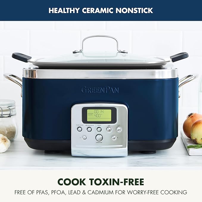 GreenPan Elite 8-in-1 Programmable 6QT Electric Slow Cooker,Dishwasher Safe Lid & Removable Crock, PFAS-Free Healthy Ceramic Nonstick Multi-Cooker,Sear, Sauté,Brown,Steam Basket,Roast, Oxford Blue