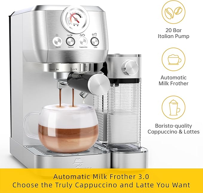 MAttinata CM1633 Cappuccino Machine 20 Bar, Professional Espresso Machines with Automatic Milk Frothering, Barista Compact Latte Maker for Home, with Pressure Gauge for Coffee Lovers, Stainless Steel
