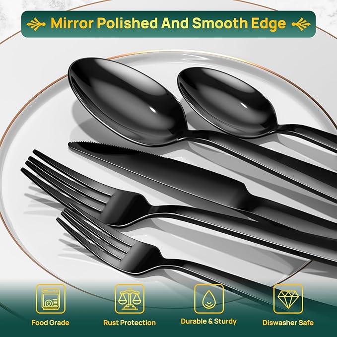 60 Pieces Black Silverware Set, Premium Stainless Steel Flatware Set for 12, Yoehka Mirror Polished Tableware Cutlery Set for Home and Restaurant, Include Knife/Spoon and Fork, Dishwasher Safe