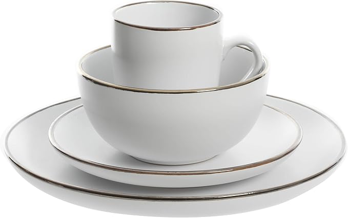 Gibson Home Rockaway Round Stoneware Dinnerware Set, Service for 4 (16pcs), Matte White/Metallic Rim