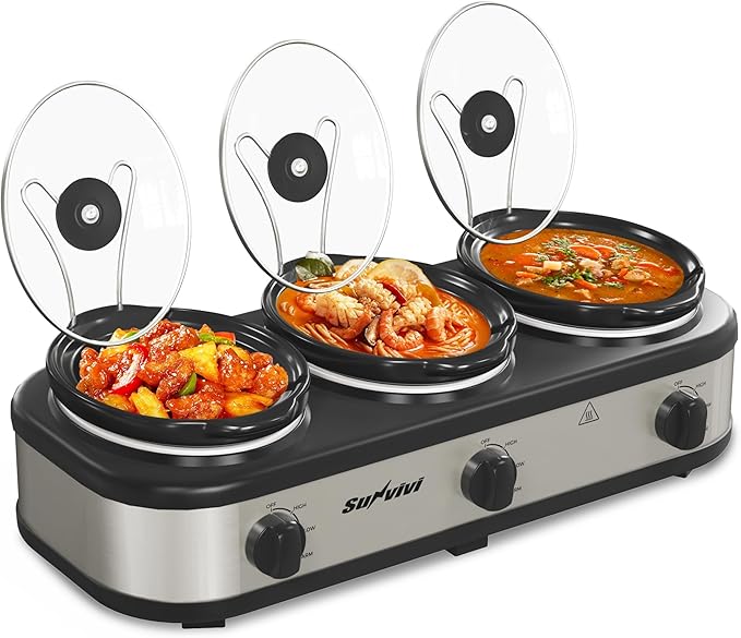 Sunvivi Triple Slow Cooker, Buffet Server and Food Warmer, Small Mini Pot with 3 Adjustable Temp & 3 Visible Glass Lids, for Parties, Holidays and Entertaining, Stainless Steel, 3 * 1.5 Quarts