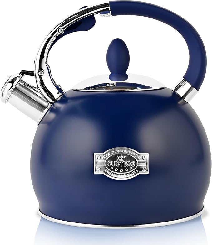 SUSTEAS Stove Top Whistling Tea Kettle - Food Grade Stainless Steel Teakettle Teapot with Cool Touch Ergonomic Handle, With 1 Silicone Pinch Mitt Included, 2.64 Quart,NAVY BLUE
