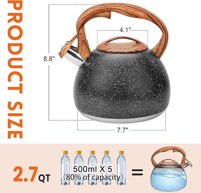 GGC Tea Kettle for Stove Top, Loud Whistling Kettle for Boiling Water Coffee or Milk, 3.1 Quart Heavy Stainless Steel Starry Black Kettle with Wood Pattern Handle, Unique Button Control Kettle Outlet