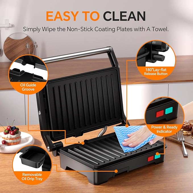 Panini Press Grill, 1000W Sandwich Maker with Non-Stick Coated Plates, Opens 180 Degrees for Any Size of Food, 3-in-1 Sandwich Press Electric Grill, Stainless Steel Surface and Removable Drip Tray