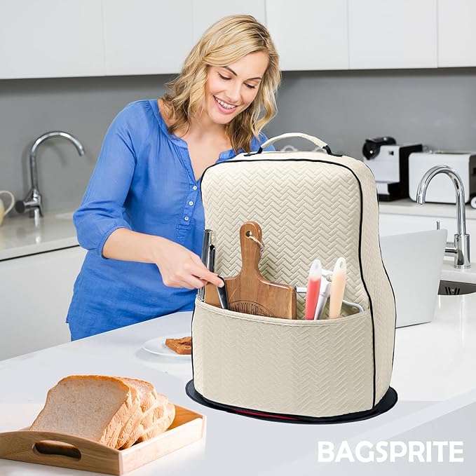 BAGSPRITE Stretchy Stand Mixer Cover with Appliance Slider– Washable Applicance Cover Compatible with KitchenAid Mixer 6/7/8 Quart – Dust Cover with Pockets for KitchenAid Accessories and Attachments