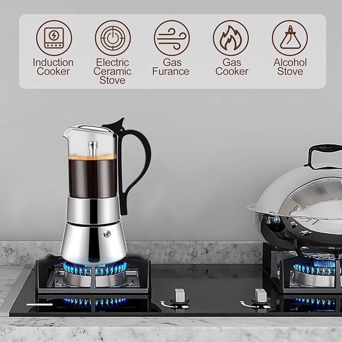 4 Cup Glass Transparent Moka Pot Stainless Steel Uncoated Stovetop Espresso Maker Italian Coffee Makers Mocha Greca Machine Cafe Classic Induction Cookers for Home Camping 220ml