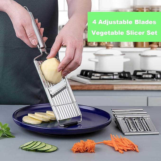 Suuker 4 in 1 Vegetable Cutter with Cheese Grater, Carrot Grater, Cabbage Shredder, Stainless Steel Mandoline Slicer for Kitchen