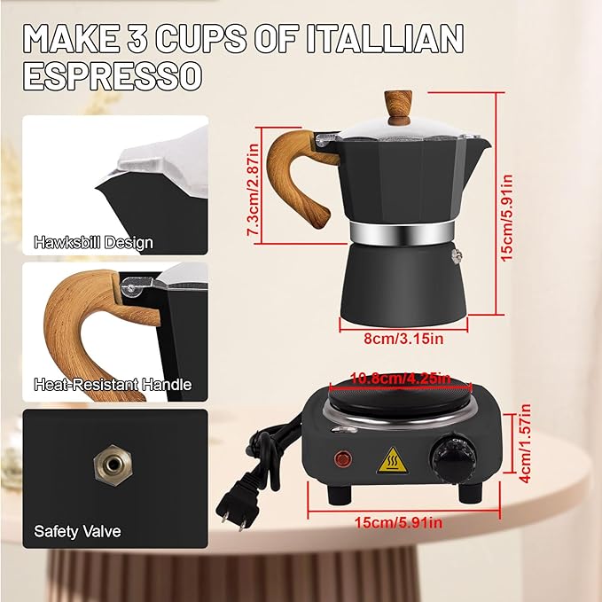 2-in-1 Moka Pot Espresso Set with Electric Stove 3 Cup Aluminum Stovetop Coffee Maker Percolator Italian Classic Mocha Coffee Machine for Italian and Cuban Cafe Brewing Portable Camping Black