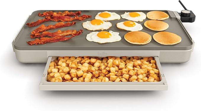 bella 12" x 22" Electric Griddle with Warming Tray, EverGood™ Ceramic Nonstick Coating & Removable Temperature Probe, Dishwasher-Safe Drip Tray & Cool Touch Handles, 1500 Watt, Oatmilk