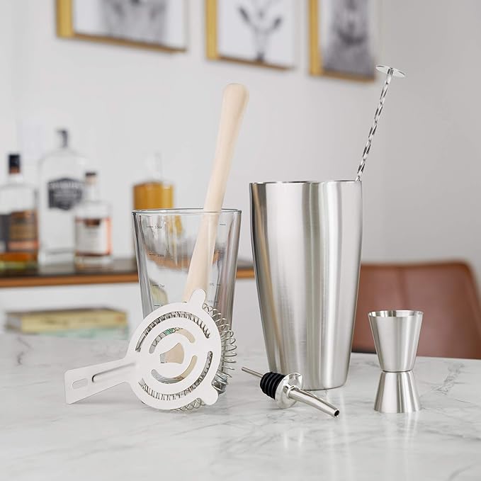 True 7-Piece Barware Set for Mixed Drinks and Cold Brew Cocktails, Includes Boston Cocktail Shaker Tin, Mixing Glass, Jigger, Muddler, Strainer, Bar Spoon, Pour Spout for Home Bar, Bartender Gifts