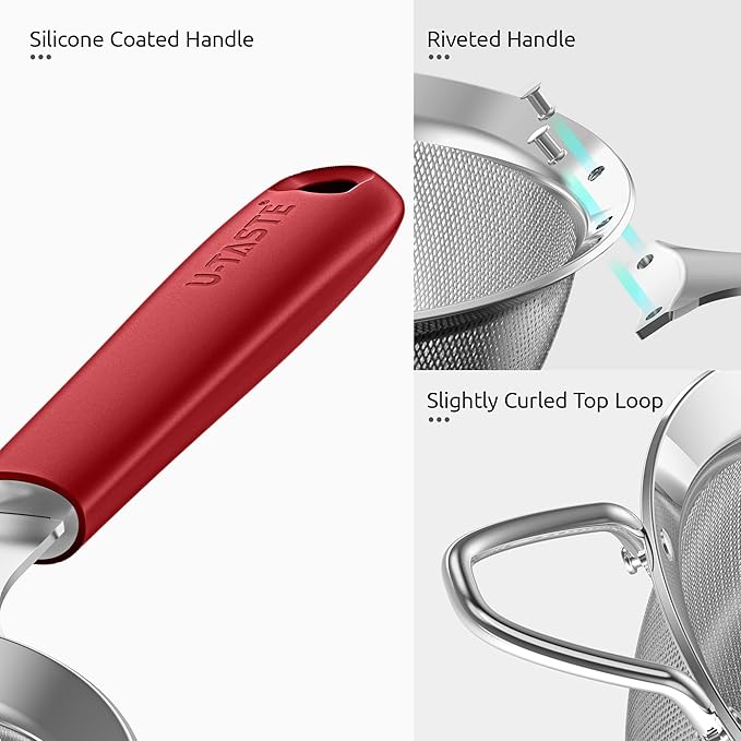 18/8 Stainless Steel Mesh Strainer: U-Taste 3.9 Inch Kitchen Fine Mesh Sieve Food Colander with Riveted Sturdy Silicone Handle and 30 Mesh Hole for Straining Flour, Quinoa, Tea, Juice (Red)