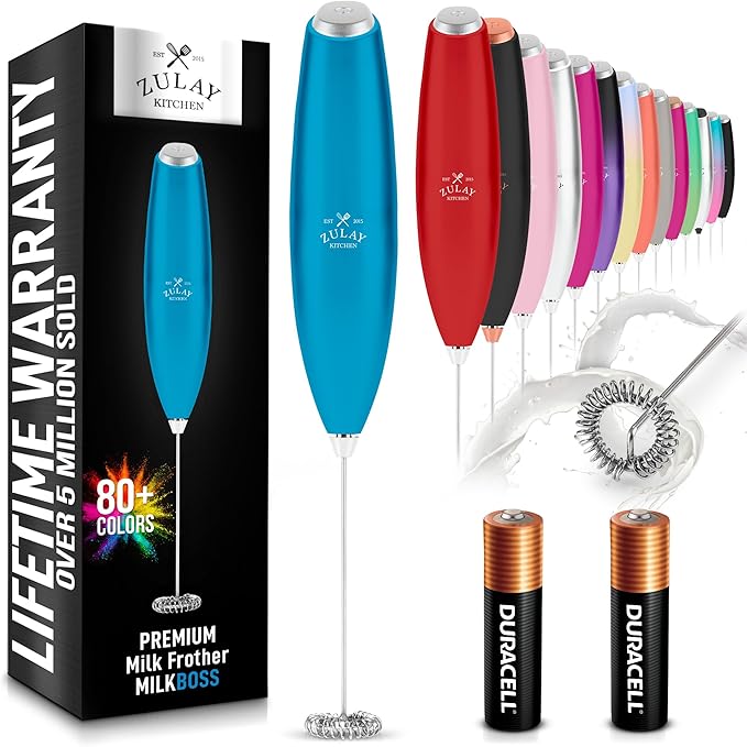 Zulay Kitchen Milk Frother Handheld Electric Whisk with AA Duracell Batteries – Durable Drink Mixer for Coffee, Lattes, Cappuccinos & More - Metallic Blue