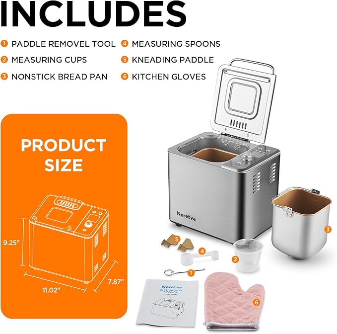 Neretva Bread Maker, 20-IN-1 2LB Bread Machine Dual Heater Bread Maker Machine Automatic with Nonstick Ceramic Pan, 15H Timer & 1H Keep Warm Set, Low Noise, Stainless Steel Breadmaker Recipe-Silver