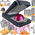 SpaceHacks 12-in-1 Vegetable Chopper, Kitchen Gadgets with 7 Blades, Veggie, Food, Onion Chopper, Cucumber Slicer, Versatile Mandoline, Includes Egg Separator & Finger Guard, Gray