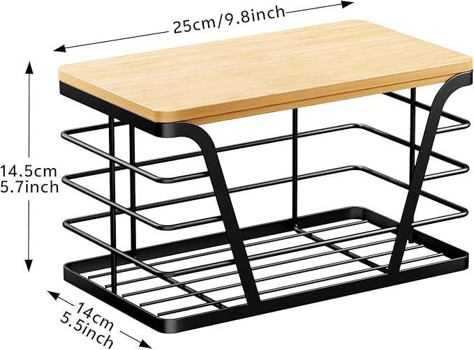 Small Grocery Bag Holder, Trash bag holder with Removable Bamboo Top, Wall Mount, No Drill, Stainless Steel, Black
