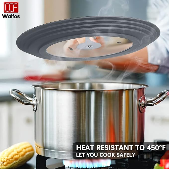 Universal Lid for Pots, Pans and Skillets - Walfos Tempered Glass Pan Lid with Heat Resistant Silicone Rim, BPA Free Large Pot Lids Fits 8" to 12" Diameter Cookware, Dishwasher-Safe, Grey