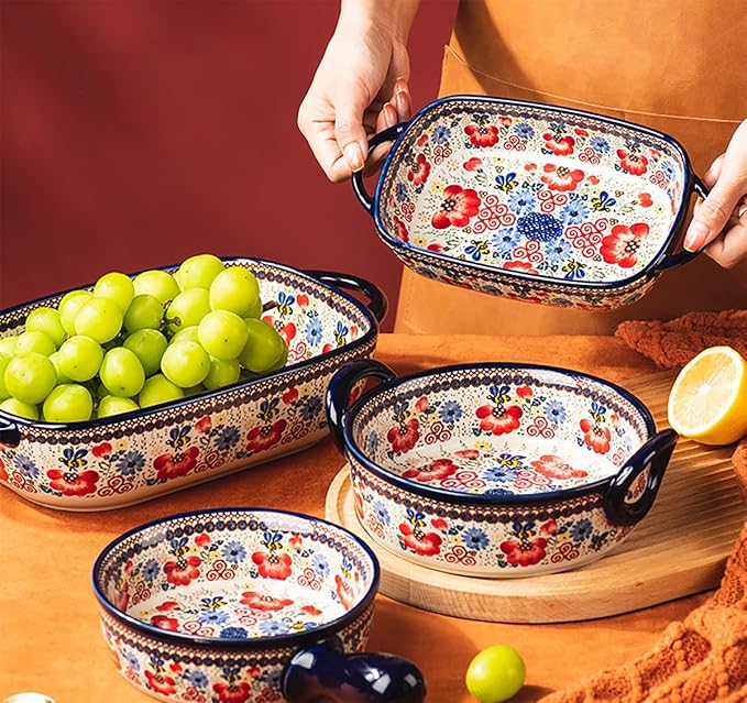 Vintage Flowers Style Ceramic Bakeware Casserole Dish Baking Pan Lasagna Pans Baking Dish with Handles for Oven/Cooking/Kitchen-1 PCS-Red Flowers-32 OZ