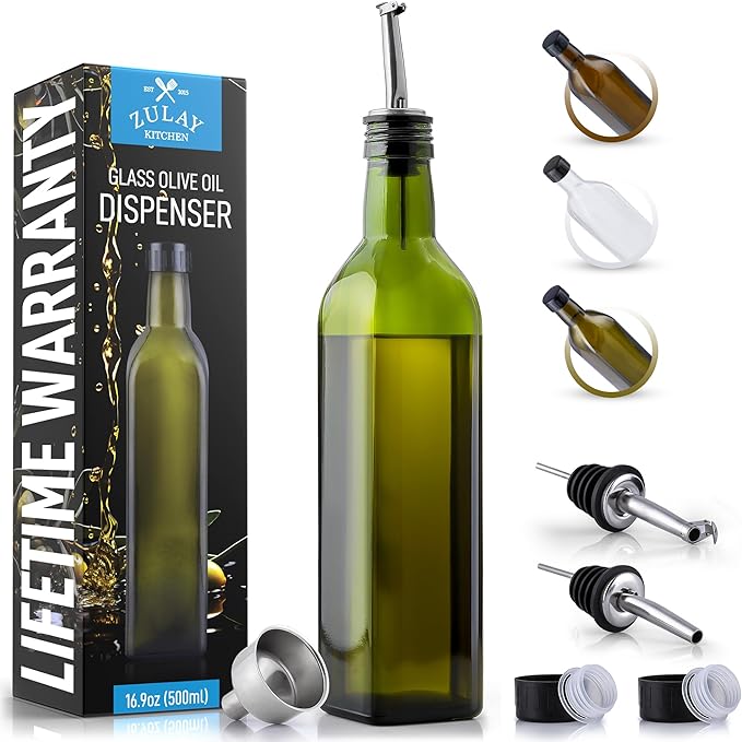 Zulay Kitchen 17oz Olive Oil Dispenser Bottle – Glass Oil Cruet with Spout, Funnel & Pourers, Easy-Pour Decanter for Kitchen Cooking and Serving (Green)