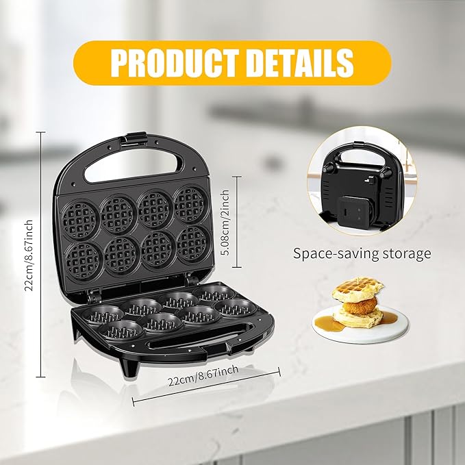 OSTBA Mini Waffle Maker: 750W Powerful Heating, Cooks 8 Waffles at Once, Fast & Even Cooking, Non-Stick & Easy Clean, Compact & Portable for Family Breakfast