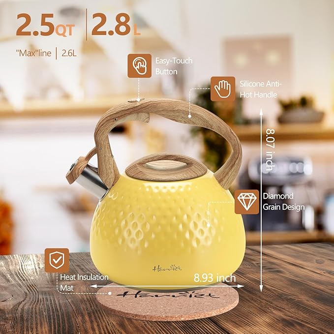 harriet Tea Kettle, Tea Pot for Stovetop, 2.5QT Whistling Kettle with 5-Layers bottom, Food Grade Stainless Steel Kettles with Hot-Resistant Handle Gas Electric Applicable, Yellow