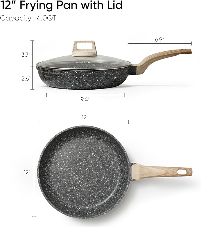 CAROTE Non Stick Frying Pan Skillet,12" Nonstick Fry Pan with Glass Lid, Egg Pan Omelet Pans, Granite Cookware Chef's Pan, PFOA Free (Classic Granite, 12-Inch)