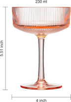 Khen Shatterproof Acrylic Ribbed Vintage Art Deco Coupe Glasses | Set of 4 | 8oz Ripple Glassware for Indoor & Outdoor Use | Pink (Peach-Tinted) Glasses