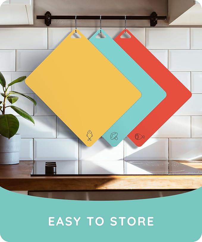 July Home Cutting Board Alternative for Kitchen - Extra Thick Flexible Plastic Cutting Board Set of 3, Non-Slip, BPA-Free, Easy to Clean, Colored Cutting Mats for Cooking, Durable Chopping Sheets