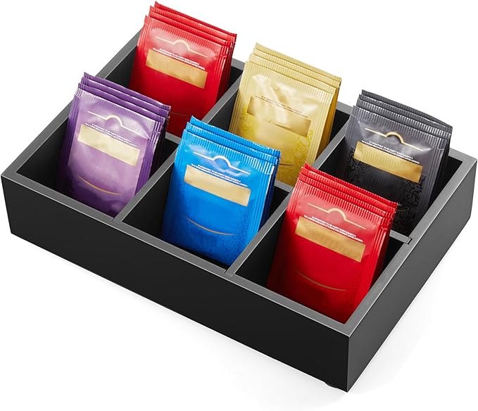 DRASTAR Tea Bag Organizer, Tea Bag Drawer Organizer, Wooden Tea Bag Holder, Tea Chest with 6 Compartments, Tea Organizer Storage Box, Tea Caddy for Tea Bags Organizer, Black