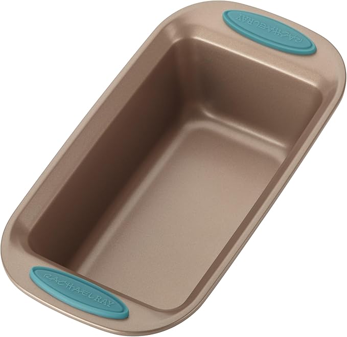 Rachael Ray 47578 Cucina Nonstick Bakeware Set with Grips Includes Nonstick Bread Pan, Baking Sheet, Cookie Sheet, Baking Pans, Cake Pan and Muffin Pan - 10 Piece, Latte Brown with Agave Blue Grips