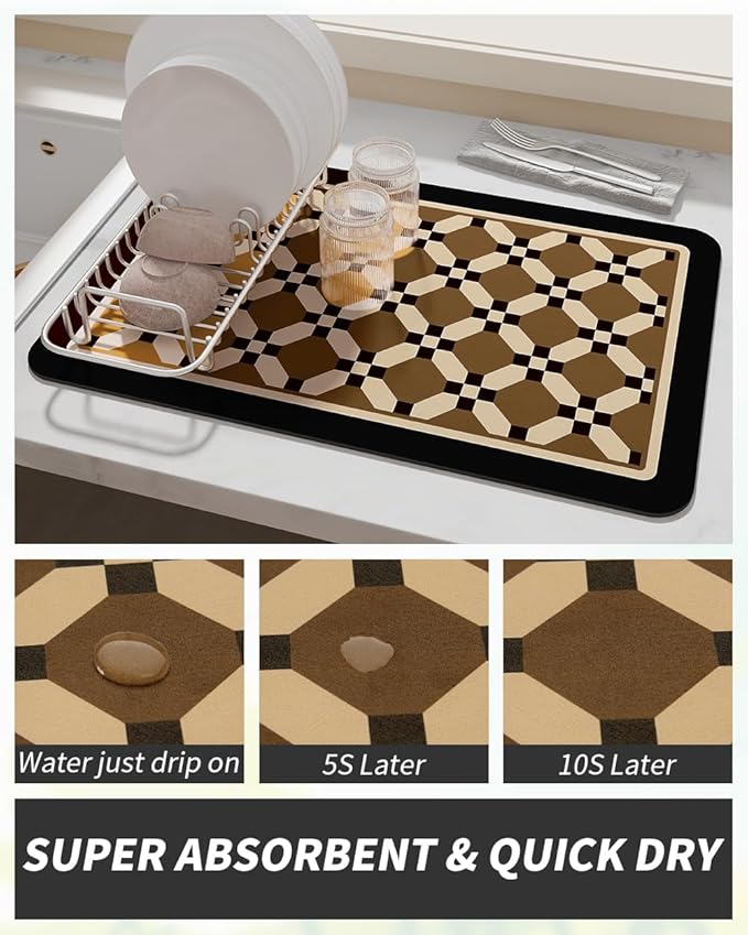 AMOAMI Coffee Mat Hide Stain Rubber Backed Absorbent Dish Drying Mat for Kitchen Counter - Fits Under Coffee Maker or Machine - PEANUT 17x31.5