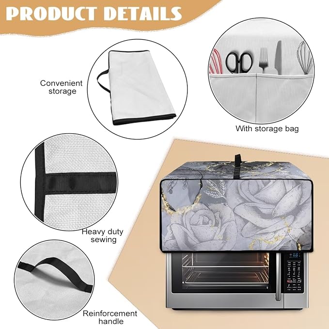 Marble Rose Flower Print Toaster Oven Cover, Stain-Resistant Air Fryer Cover with Storage Pocket, Kitchen Decorative Oven Protector, Black Grey Gold, (Medium-16.1*19.71*10 inches)