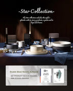 Famiware Star 24-Piece Plates and Bowls Set with Trim, Service for 8 - Stoneware Reactive Glaze Dinnerware, High Edge Ribbed Dishes, Chip & Scratch Resistant, Microwave & Dishwasher Safe, White & Blue