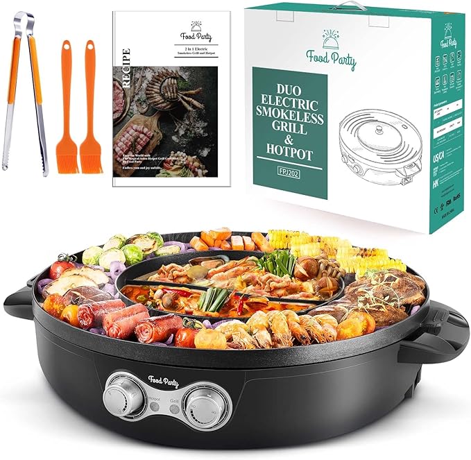 Food Party Hot Pot Electric Korean BBQ Grill 2 in 1 Hotpot Smokeless Indoor Grill Removable Cooking Plate Easy Cleaning 110V 1800W Shabu Shabu Pot with Divider