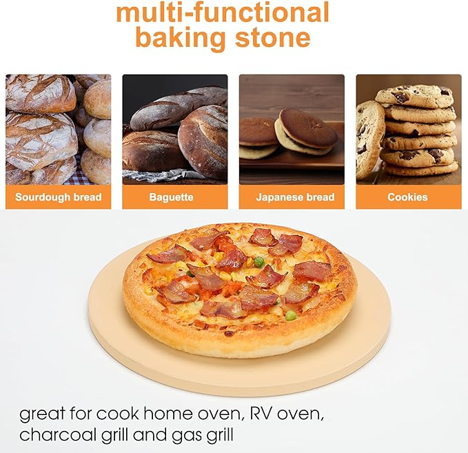 Small 12 inch Round Pizza Stone,for RV Camper Oven,Round baking stone Grill,Can make pizza, bread, pies,BBQ, Durable and Safe, Give away Plastic Scraper