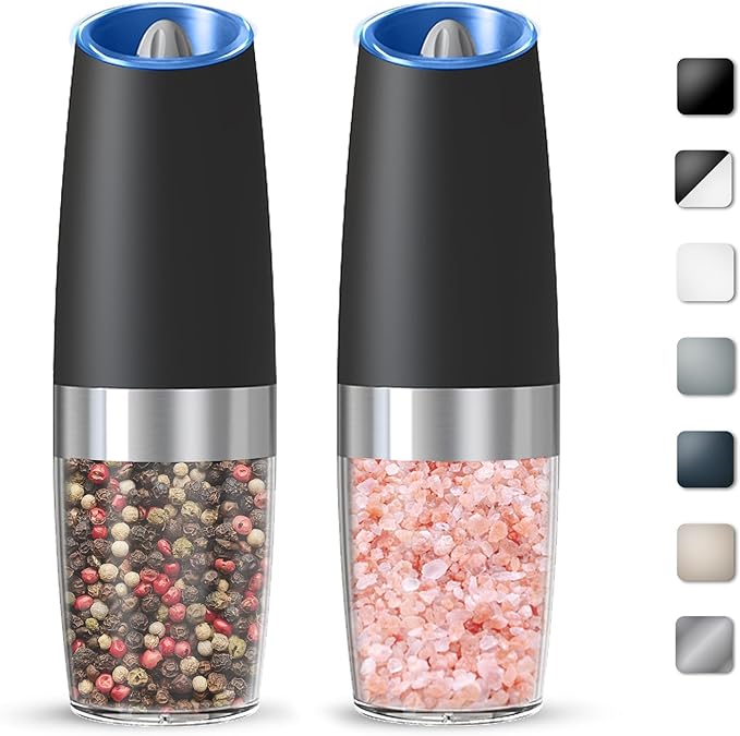 Gravity Electric Salt And Pepper Grinder Set, Automatic Salt And Pepper Grinder Set, Battery Powered (6 AAA Batteries Each), Adjustable Roughness, LED Light, 2 Pack, (Black)