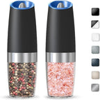 Gravity Electric Salt And Pepper Grinder Set, Automatic Salt And Pepper Grinder Set, Battery Powered (6 AAA Batteries Each), Adjustable Roughness, LED Light, 2 Pack, (Black)