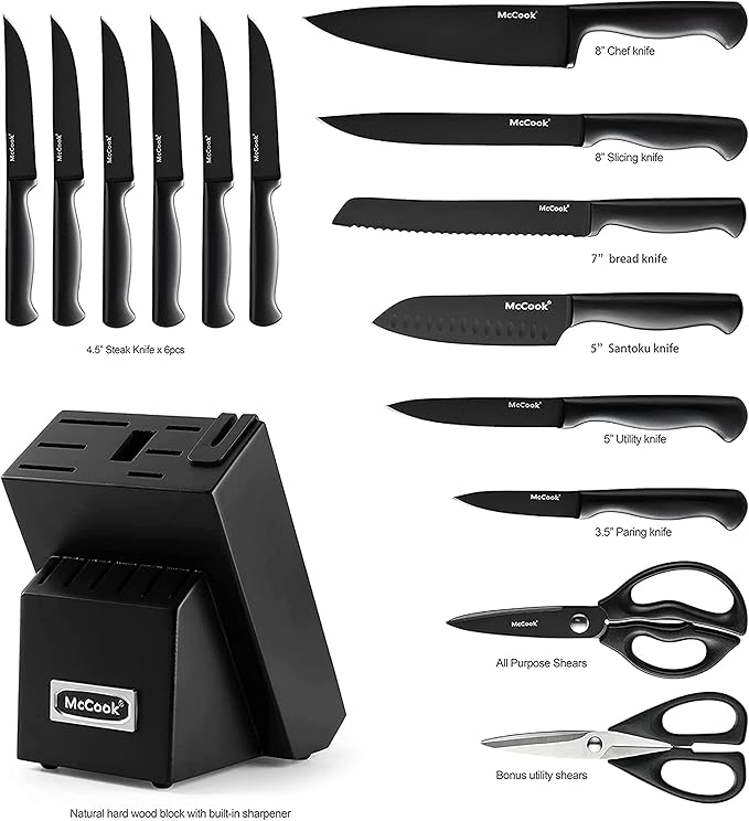McCook® Knife Sets,German Stainless Steel Knife Block Sets with Built-in Sharpener, Black