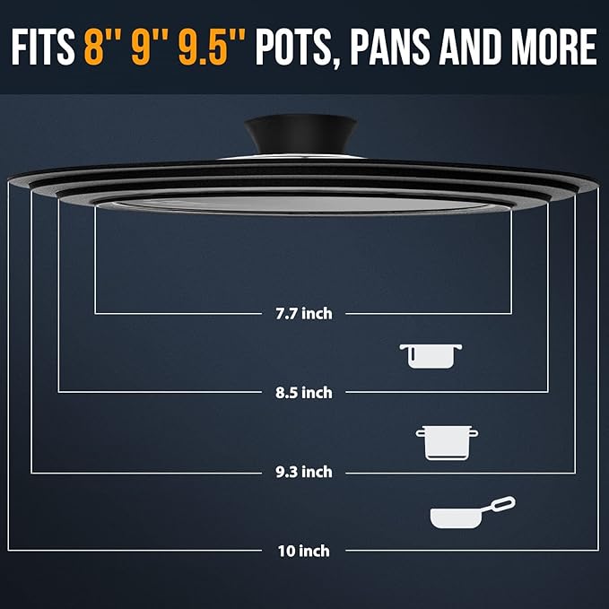 Universal Lid for Pots, Pans and Skillets - Tempered Glass with Heat Resistant Silicone Rim, Fits 8", 9" and 9.5" Diameter Cookware