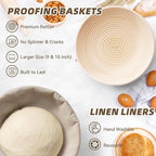Banneton Bread Proofing Basket Set of 3, Kikcoin 8" & 9" & 10" Round Sourdough Bread Baking Supplies, Banneton Basket with Parchment Paper Sheets, Dough Whisk, Stainless Steel Scraper, Bread Lame