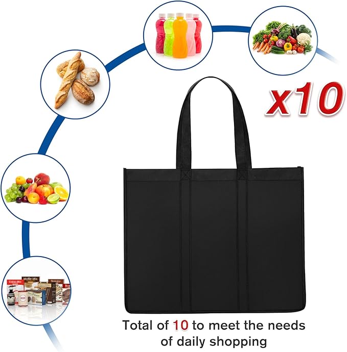WISELIFE Reusable Grocery Shopping Bags 10 Pack Large Foldable Tote Bags Bulk, with Long Handle for Shopping Groceries Clothes (Black)