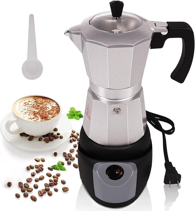 Aluminum Electric Moka Pot 5-6 Cup 270ml Express Coffee Maker Stovetop Espresso Portable Coffeemaker Italian Classic Brewing Greca Cafe Mocha with Removable Base and Overheating Protection Machine