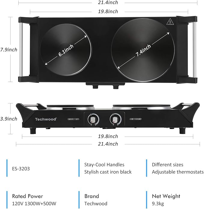 Techwood ES-3203 Hot Plate Electric Double Burner 1800W for Cooking with Adjustable Temperature & Stay Cool Handles, Black Stainless Steel, Compatible for All Cookwares