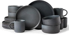 Famiware Star Dinnerware Set with Mugs, Service for 4 (16pcs), Ribbed Stoneware Plates and Bowls Dishes Sets - Chip & Scratch Resistant, Microwave & Dishwasher Safe, Matte Dark Charcoal