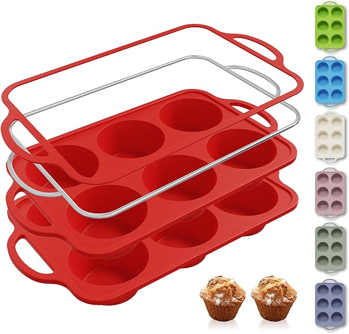 2 Packs 6 Cups Silicone Muffin Pan with Metal Reinforced Frame Jumbo Size Cupcake Pan Tray Egg Bites Silicone Circle Cookie Molds Muffin Tin Tart Pans Large Big Baking Sheet Set for Breakfast