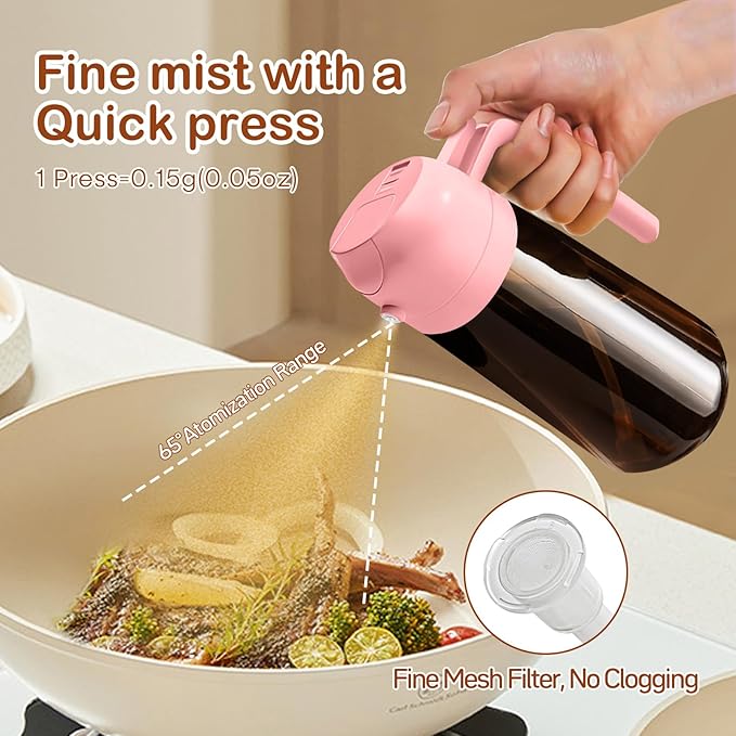 YARRAMATE 16oz/470ml Dark Brown Oil Sprayer for Cooking with Stickers, Food-grade Premium 2 in 1 Olive Oil Dispenser Bottle for Kitchen Gadgets, Air Fryer, Salad, Frying, BBQ (Pink)