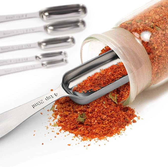FANGSUN Narrow Measuring Spoons Set of 10, Heavy-Duty Stainless Steel Measuring Spoons with Long Handles & Engraved Measurements, Fits in Spice Jars, for Baking & Cooking